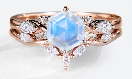 14K Rose Gold Hexagon Cut Moonstone Promise Wedding Ring Set (1)