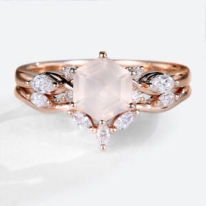 14K Rose Gold Hexagon Cut Rose Quartz Engagement Ring Set