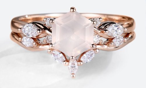 14K Rose Gold Hexagon Cut Rose Quartz Engagement Ring Set (1)