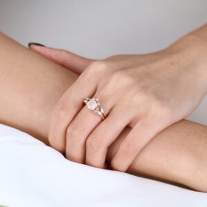 14K Rose Gold Hexagon Cut Rose Quartz Engagement Ring Set
