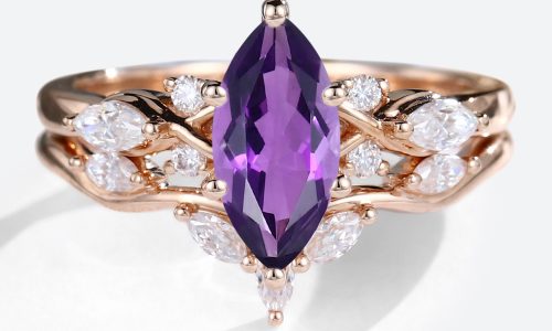 14K Rose Gold Marquise Cut Amethyst Ring with Marquise Moissanite Side Stone Ring Set (1)