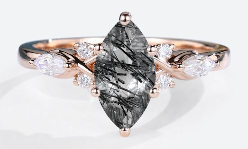 14K Rose Gold Marquise Cut Black Rutilated Quartz Ring Marquise Cut Diamond Side Stone Engagement Ring (1)