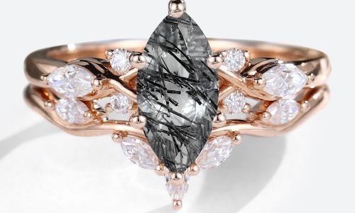 14K Rose Gold Marquise Cut Black Rutilated Quartz Ring with Curved Wedding Band Set (1)