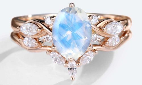 14K Rose Gold Moonstone Ring Oval Moonstone Engagement Rings with Curved Wedding Band Set