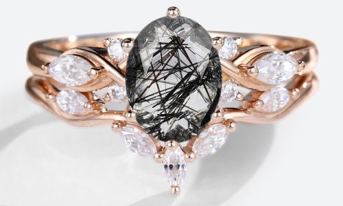 14K Rose Gold Oval Cut Black Rutilated Quartz Ring with Marquise Diamond Curved Wedding Ring Set (1)