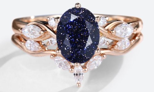 Blue Sandstone Jewelry Oval Engagement Ring and Wedding Band Set