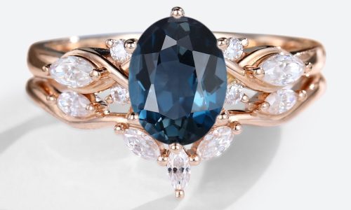 14K Rose Gold Oval Cut London Blue Topaz Engagement Ring with Moissanite Curved Wedding Ring Set (1)