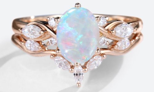 14K Rose Gold Oval Cut Opal Engagement Ring with Marquise Diamond Curved Wedding Band (1)