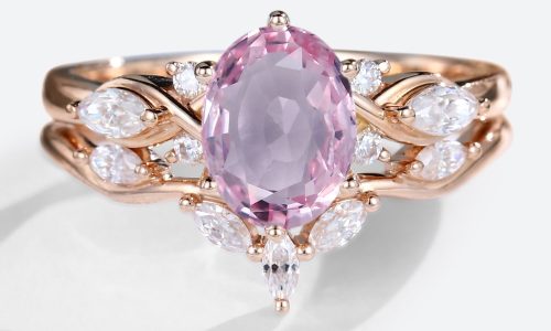 14K Rose Gold Oval Cut Pink Sapphire Engagement Ring with Marquise Moissanite Curved Wedding Ring Set (1)