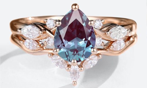 14K Rose Gold Pear Shaped Alexandrite Engagement Ring Set with Curved Wedding Band (1)