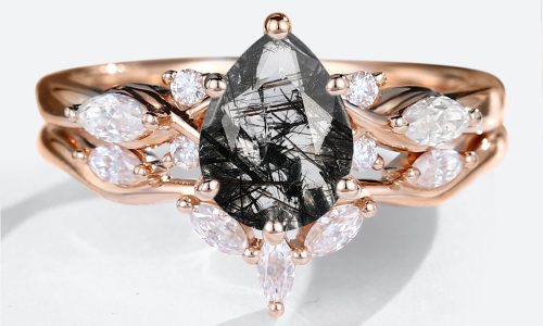 14K Rose Gold Pear Shaped Black Rutilated Quartz Ring with Marquise Diamond Curved Wedding Ring Set (1)
