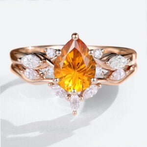 14K Rose Gold Pear Shaped Citrine Engagement Ring with Moissanite Curved Wedding Ring Set