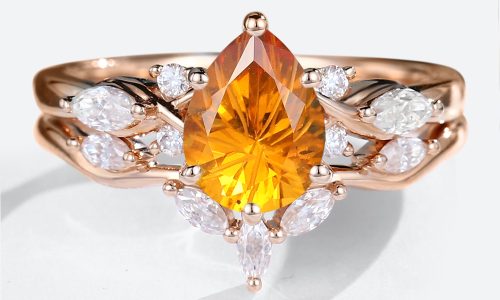 14K Rose Gold Pear Shaped Citrine Engagement Ring with Moissanite Curved Wedding Ring Set (1)