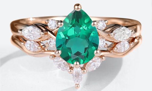14K Rose Gold Pear Shaped Emerald Engagement Ring with Moissanite Curved Wedding Ring Set (1)