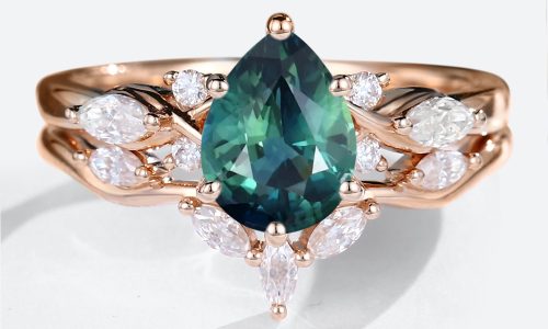 14K Rose Gold Pear Shaped Green Blue Sapphire Engagement Ring with Curved Wedding Band Set (1)