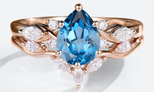 14K Rose Gold Pear Shaped London Blue Topaz Engagement Ring Set (1)