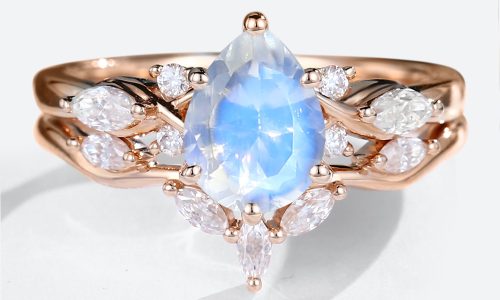 14K Rose Gold Pear Shaped Moonstone Engagement Ring with Curved Wedding Band Set (1)