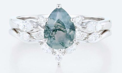 14K White Gold Pear Shaped Moss Agate Engagement Rings with Marquise Moissanite Curved Wedding Ring Set