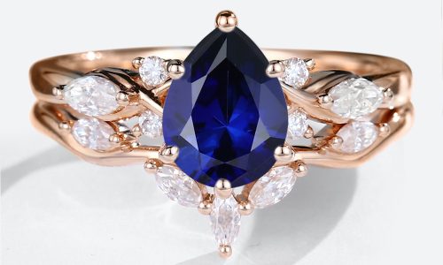 14K Rose Gold Sapphire Ring Pear Shaped Sapphire Engagement Ring Set (1)