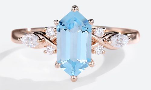 14K Rose Gold Vintage Elongated Hexagon Cut Aquamarine Engagement Ring (1)