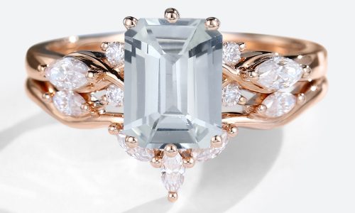 14K White Sapphire Engagement Rings Rose Gold Emerald Cut White Sapphire Rings Set (1)