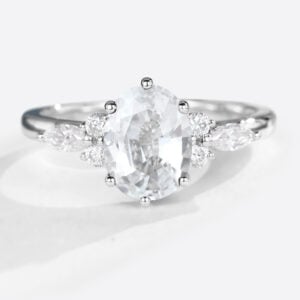 14K White Sapphire Engagement Rings Rose Gold Vintage Oval Cut White Sapphire Rings