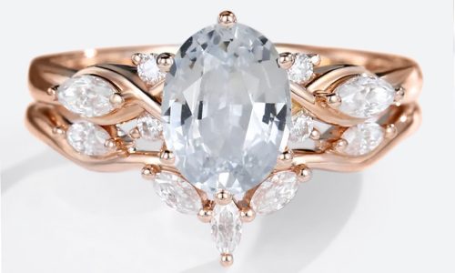 14K White Sapphire Engagement Rings Rose Gold Vintage Oval Cut White Sapphire Rings Set (1)