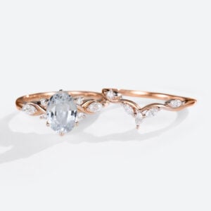Oval White Sapphire Rings Set with Vintage Curved Wedding Band