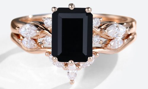 14k Rose Gold Emerald Cut Black Onyx Engagement Ring Set Rose Gold Vintage Engagement Rings Set (1)