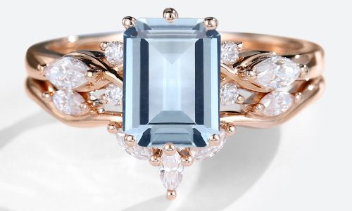 14k Rose Gold Emerald Cut Engagement Rings Aquamarine Engagement Ring Set (1)