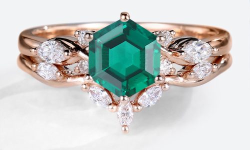 14k Rose Gold Engagement Rings Set Hexagon Cut Emerald Rings Vintage Engagement Rings (1)