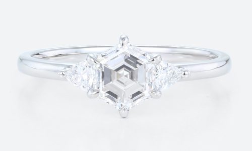 1ct Colorless VS+ Hexagon Cut Lab Grown Diamond Three stone 6 Claw Prong Engagement Ring in White Gold (1) Three Stone Engagement Ring 1.5ct 6 Claw Prong Lab Diamond Ring