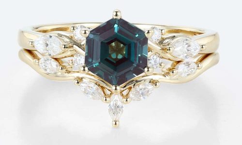 2PCS 14K Rose Gold Hexagon Cut Alexandrite Engagement Ring Curved Wedding Ring Set