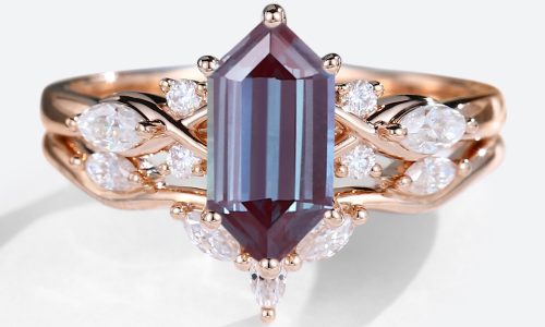 2PCS 14K Rose Gold Long Hexagon Cut Alexandrite Engagement Ring Curved Wedding Ring Set (1)