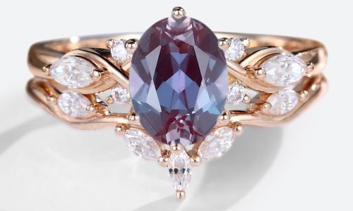 2PCS 14K Rose Gold Oval Cut Alexandrite Engagement Ring Set Vintage Curved Wedding Ring (1)