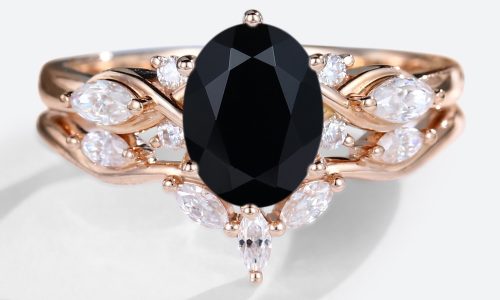 2PCS 14k Rose Gold Oval Cut Black Onyx Engagement Ring With Curved Wedding Ring Set (1)