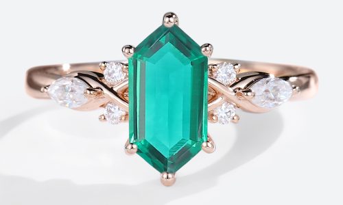 Emerald Engagement Rings Rose Gold Elongated Hexagon Vintage Engagement Rings (1)