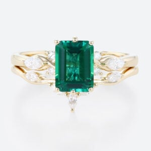 vEmerald Engagement Rings Set Yellow Gold Emerald Cut Emerald Rings with curved wedding band