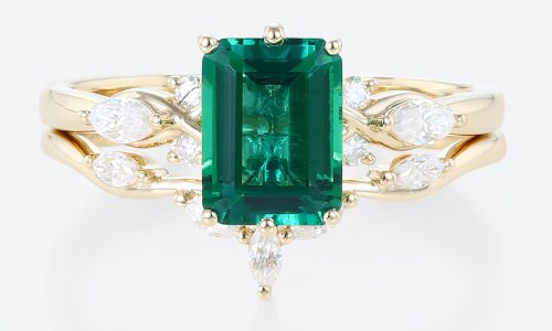 vEmerald Engagement Rings Set Yellow Gold Emerald Cut Emerald Rings with curved wedding band