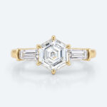 Hexagon Cut Lab Grown Diamond Classic Three Stone 6 Claw Prong Engagement Ring in Yellow Gold (1)
