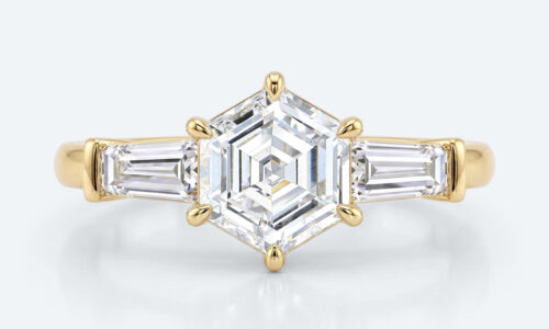 Hexagon Cut Lab Grown Diamond Classic Three Stone 6 Claw Prong Engagement Ring in Yellow Gold (1)