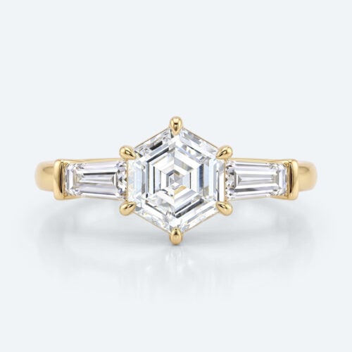 Hexagon Cut Lab Grown Diamond Classic Three Stone 6 Claw Prong Engagement Ring in Yellow Gold