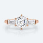 Hexagon Cut Lab Grown Diamond Classic Three Stone 6 Claw Prong Engagement Ring in Yellow Gold (6)