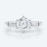 Hexagon Cut Lab Grown Diamond Classic Three Stone 6 Claw Prong Engagement Ring in Yellow Gold (7)