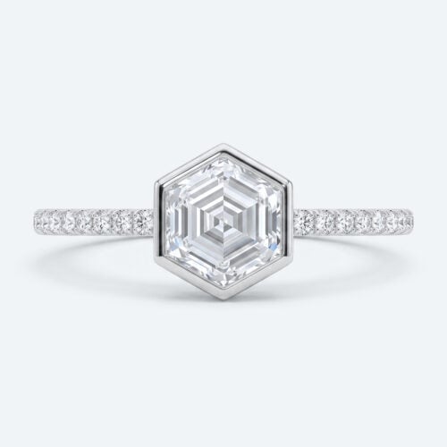 Hexagon Cut Lab Grown Diamond Pavé Bezel Setting Engagement Promise Ring in White Gold