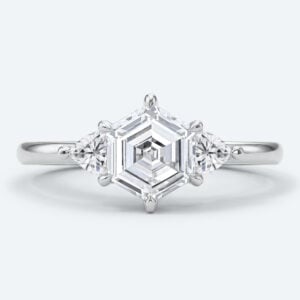 Hexagon Cut Lab Grown Diamond Three stone 6 Claw Prong Engagement Ring in White Gold (6)