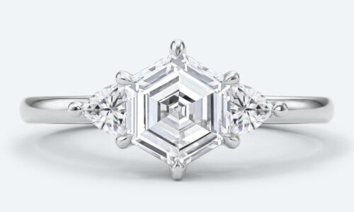 Hexagon Cut Lab Grown Diamond Three stone 6 Claw Prong Engagement Ring in White Gold (6)