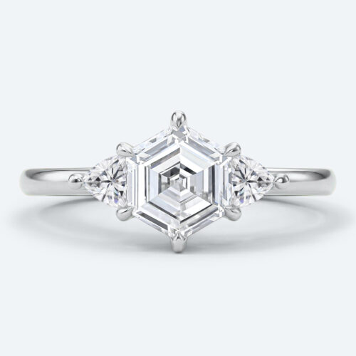 Hexagon Cut Lab Grown Diamond Three stone 6 Claw Prong Engagement Ring in White Gold