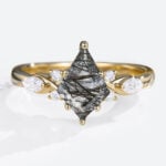 Oval Cut Black Rutilated Quartz​ Diamond Side Stone Engagement Ring