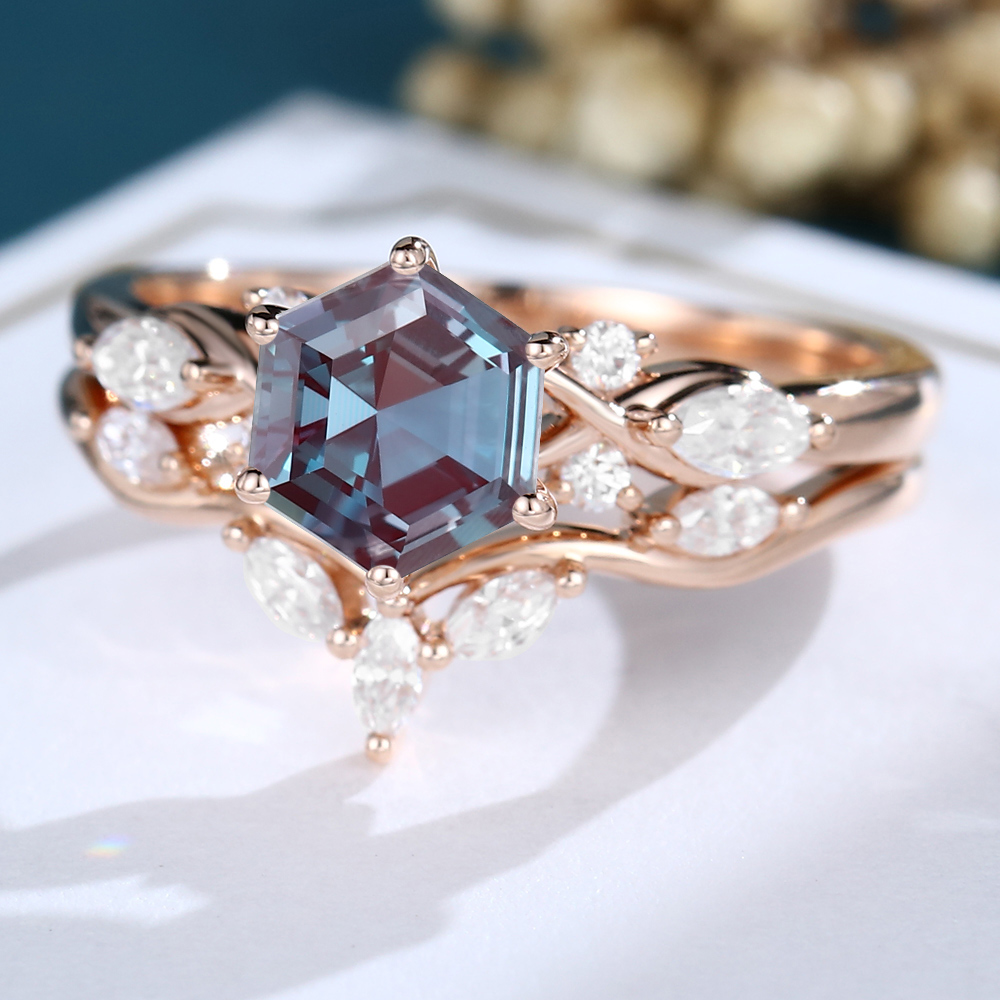 LisaJewelryUS Hexagon Cut Alexandrite Rose Gold Engagement Ring Set